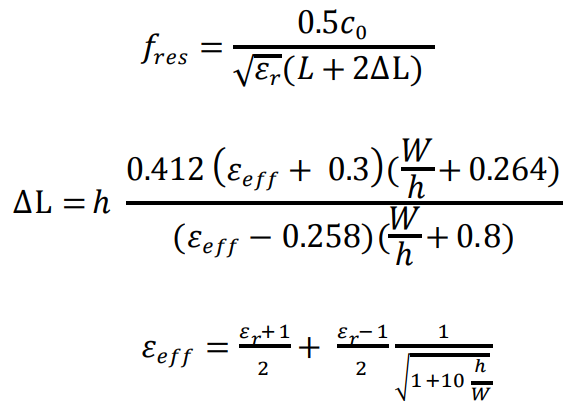 Equation for rough estimation of the resonating frequency of a patch taking into account the thickness of the material